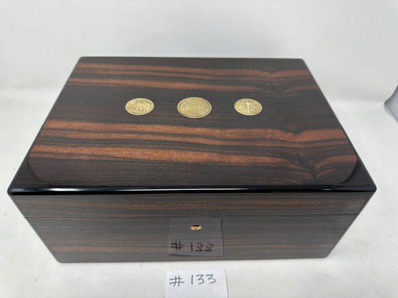 FACTORY FLOOR SALE #133 - RARE 1 OF 2 DM ARCHIVES MUSEUM AMERICANA COLLECTION- 100 CIGAR HUMIDOR IN MACASSAR EBONY 30100.2 WITH INLAYED SILVER US COINS BY DANIEL MARSHALL