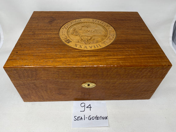 FACTORY FLOOR SALE #94 - RARE 1 OF 1  -HAND CARVED AND SIGNED BY GOVERNOR SCHWARZENEGGER 165 CIGAR HUMIDOR  GOVERNOR SEAL HUMIDOR BY DANIEL MARSHALL