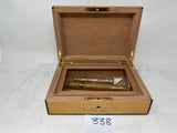 FACTORY FLOOR SALE #338 - MADE FOR ARNOLD SCHWARZENEGGER BIRDSEYE MAPLE 20 CIGAR HUMIDOR DANIEL MARSHALL MADE FOR GOVERNOR SCHWARZENEGGER AS A SAMPLE FOR HUMIDOR WITH PICTURE FRAME INSIDE LID BEHIND GLASS