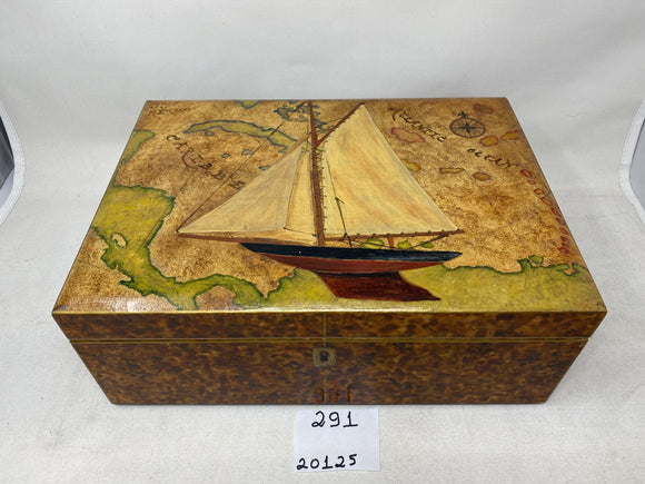 FACTORY FLOOR SALE #291 - RARE 1 OF 1  MADE IN 2001 SIGNED AND DATED BY DM - HAND PAINTED ANTIQUE STYLE SAILBOAT ON MAP BY NYC ARTIST 125 CIGAR HUMIDOR BY DANIEL MARSHALL